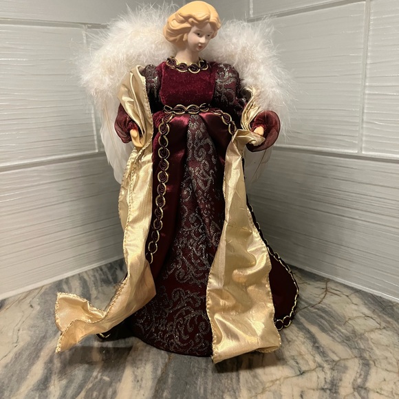 Burgundy Angel Christmas Tree Topper Holiday Decor Feather Wings - Picture 3 of 8
